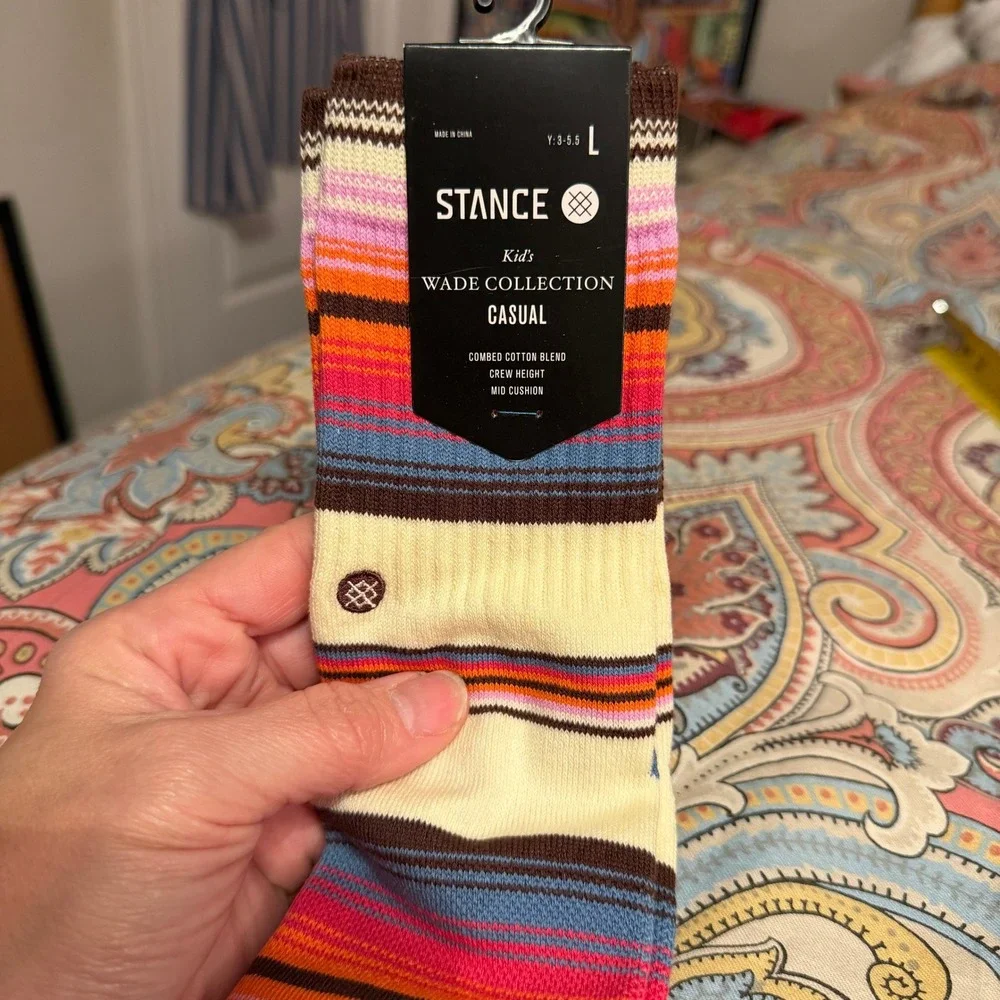 Stance Kids Wade Collection Casual Crew Socks Off White Striped L Y:3-5.5 NEW